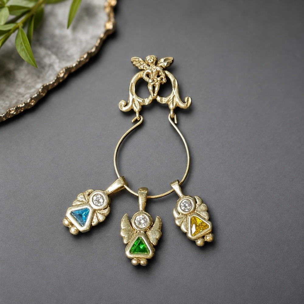 Vintage 925 Sterling Silver Cherub Angel Dangle Pendant Colorful  
Birth Stones